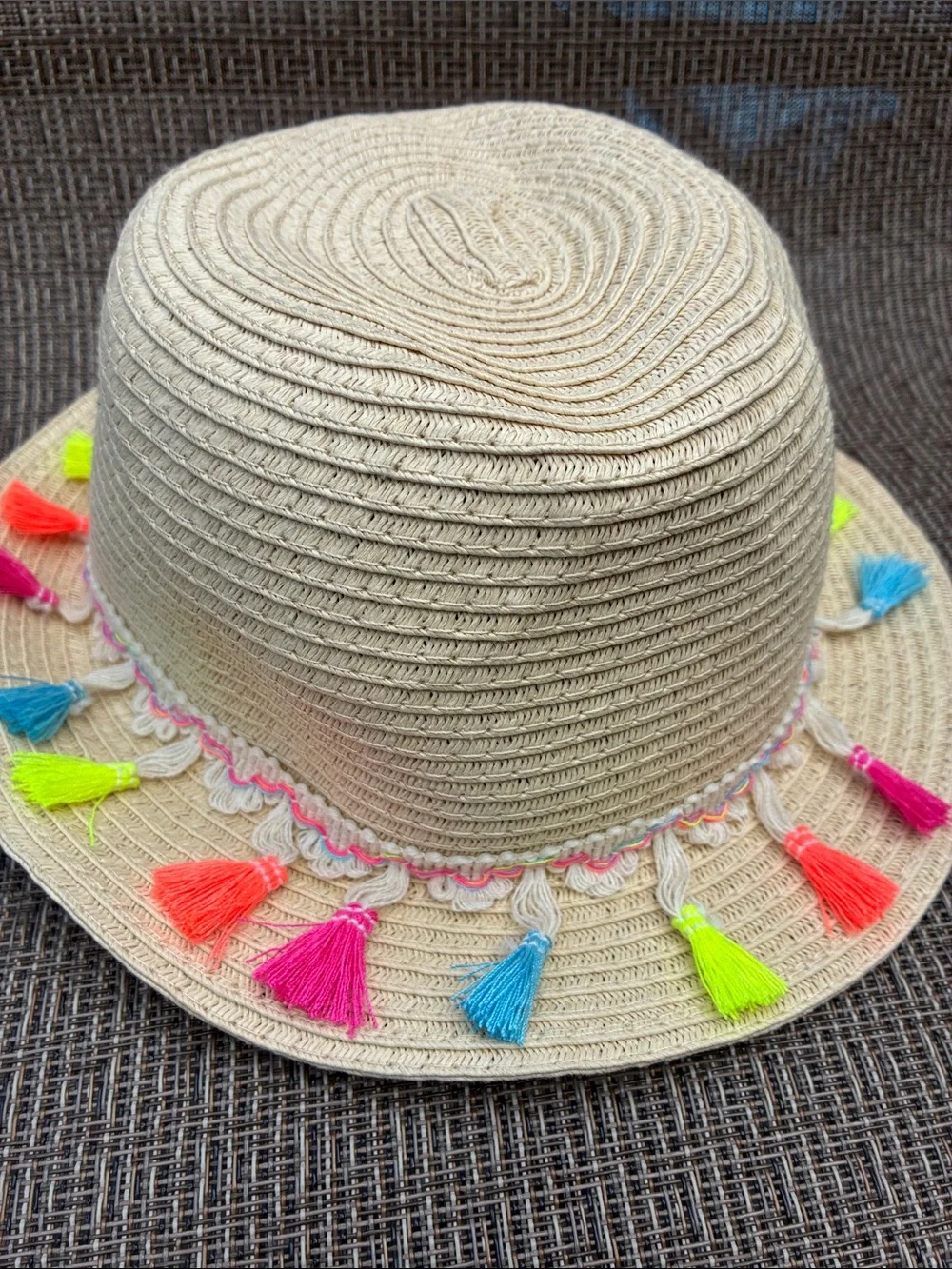 Justice Girls Beige Straw Hat with Neon Tassels